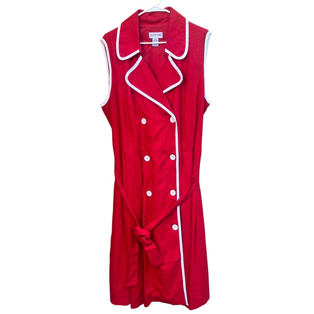 Vintage JG Hook  sleeveless trench dress with white piping and tie belt Sz 24W - Picture 3 of 5